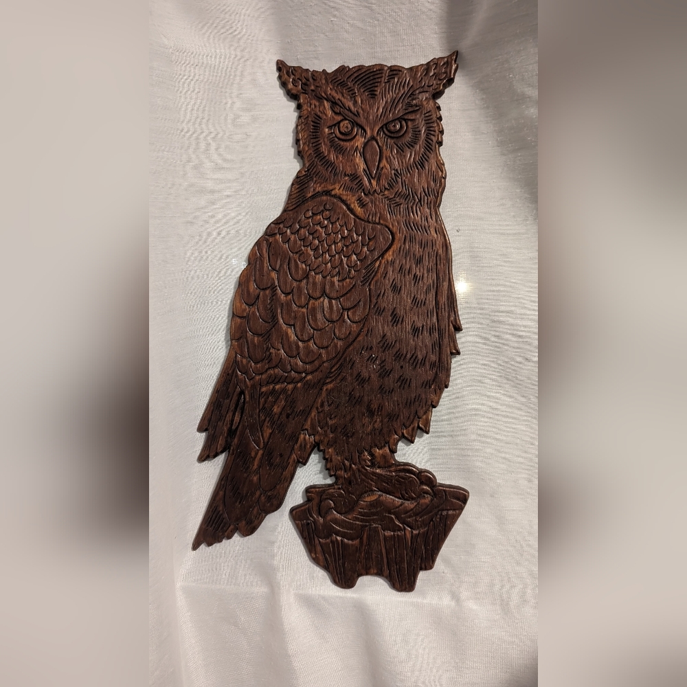 Vintage Carved Pine Owl Wall Hanging